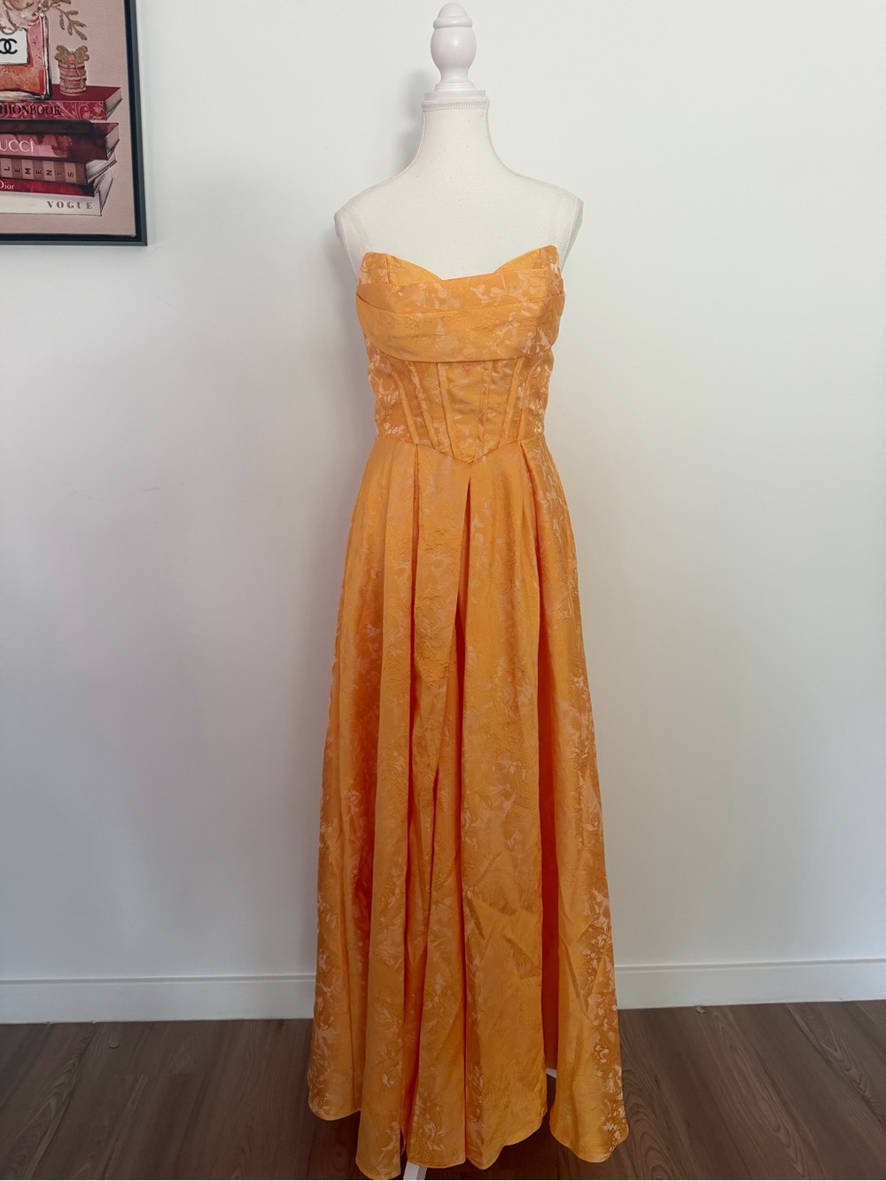 Formal Floral Jacquard‎ Evening Gown in Orange with transparent straps